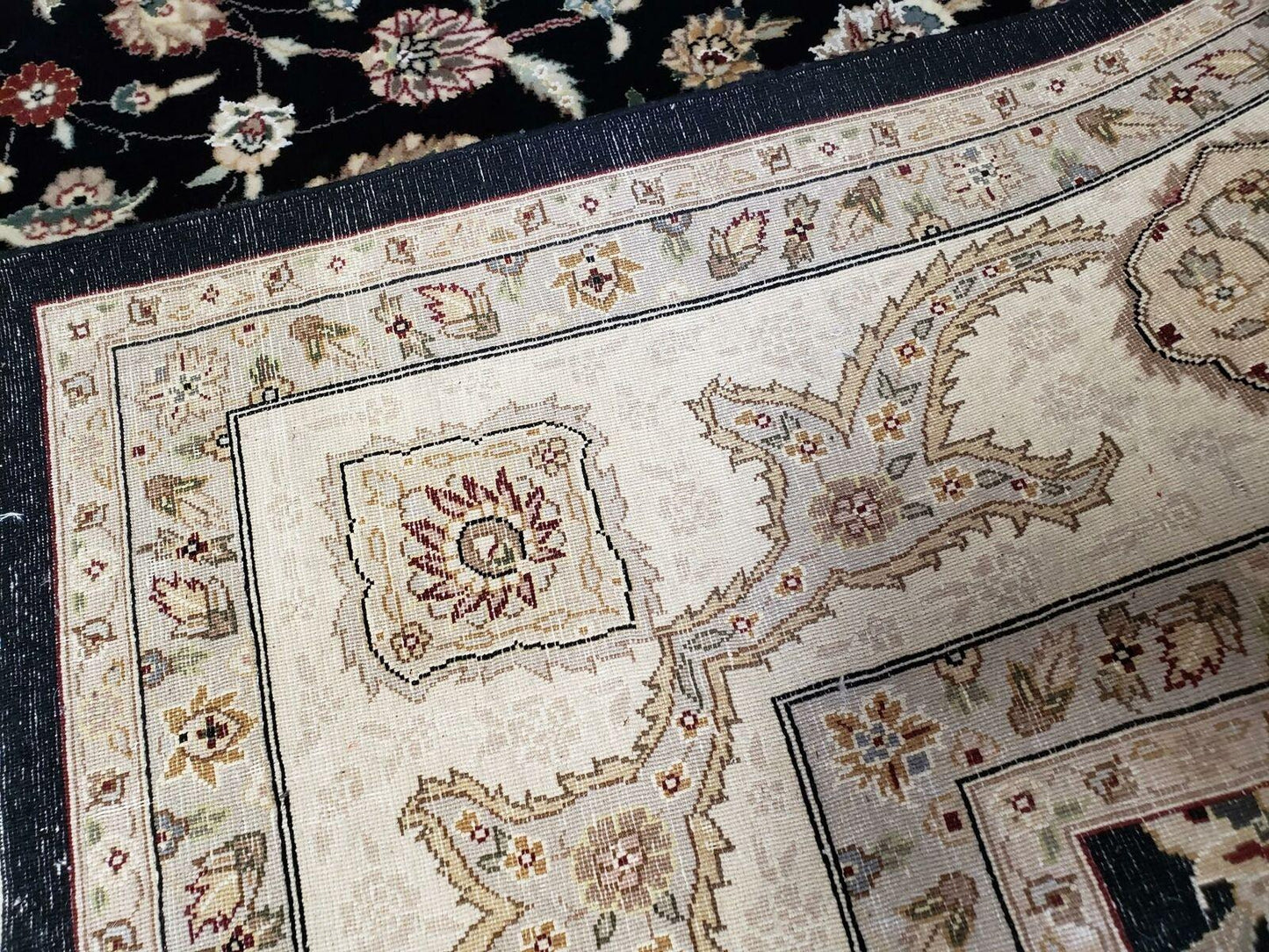 8' 5" X 11' 6" Vintage Handmade Oriental Floral Wool Rug Silk Accent Black Nice