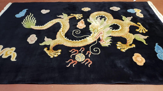 Rare Antique Chinese Art Deco Rug 6x9 with Dragon, Black Chinese Carpet 6 x 9, Hand Knotted Wool Area Rug