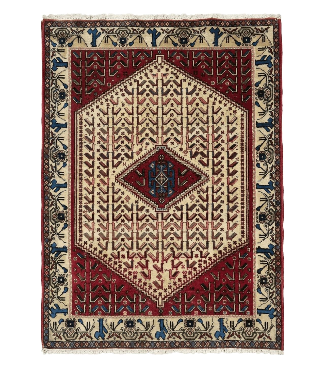 3' X 5' Vintage Handmade India Geometric Oriental Wool Rug Nice Birds Ivory Red