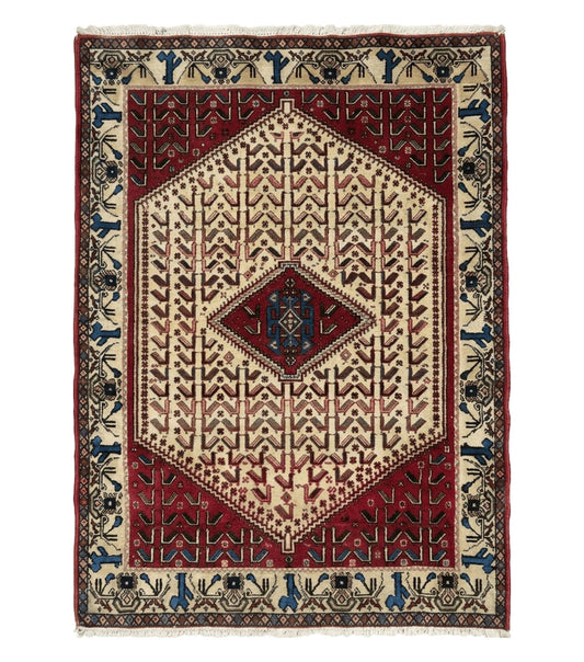 3' X 5' Vintage Handmade India Geometric Oriental Wool Rug Nice Birds Ivory Red