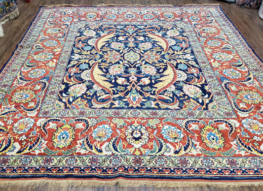 Square Turkish Mahal Rug 8 x 8.5, Colorful Square Carpet, Large 8ft Square Rug, Blue Red Yellow, Handmade Wool, Vintage, Large Flowers, Nice