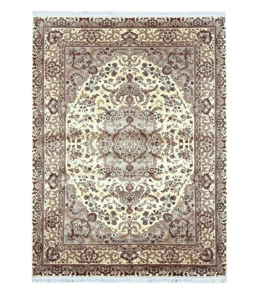 Vintage Sino Persian Rug 10x14, Room Sized Elegant Handmade Oriental Carpet 10 x 14, Floral Medallion Large Wool Rug with Silk Accents Beige