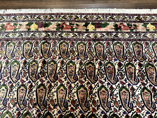 Persian Kurdish Rug 8x11, Repeated Allover Boteh Paisley Design, Bird Pictorials, Rare Antique Sannadaji Carpet