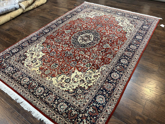 Fine Sino Persian Rug 7x10 ft, Floral Central Medallion Oriental Carpet, Red Navy Blue Cream, Hand Knotted Wool Traditional Vintage Rug