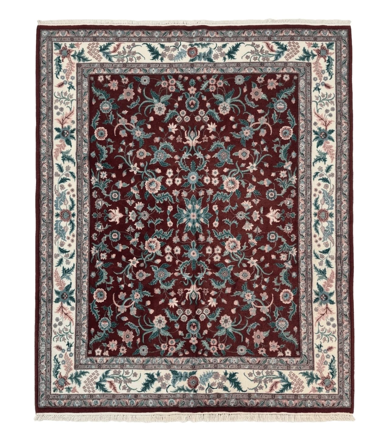 Indo Persian Rug 8x10, Red and Ivory, Floral Allover, Handmade Wool Area Rug