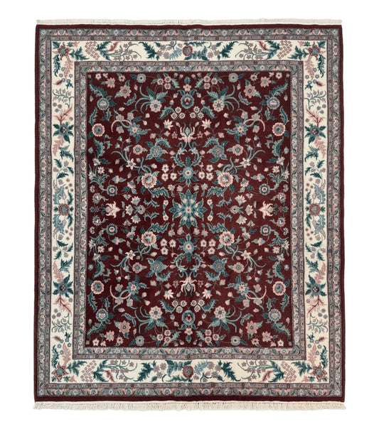 Indo Persian Rug 8x10, Red and Ivory, Floral Allover, Handmade Wool Area Rug