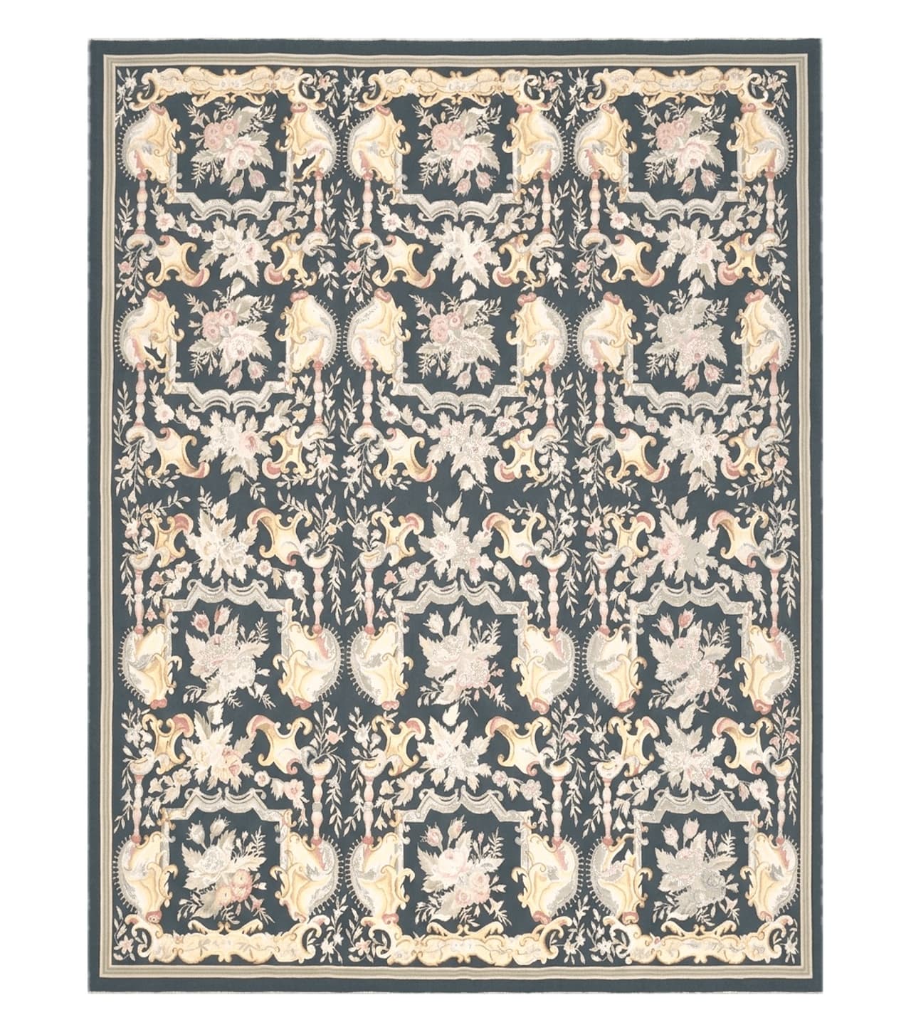 Vintage Black Aubusson Area Rug 8x10, Large Flowers Chinese Aubusson Carpet 7.9 x 10, Wool Hand-Knotted Floral Pattern Flat Weave Rug Nice