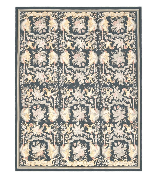 Vintage Black Aubusson Area Rug 8x10, Large Flowers Chinese Aubusson Carpet 7.9 x 10, Wool Hand-Knotted Floral Pattern Flat Weave Rug Nice