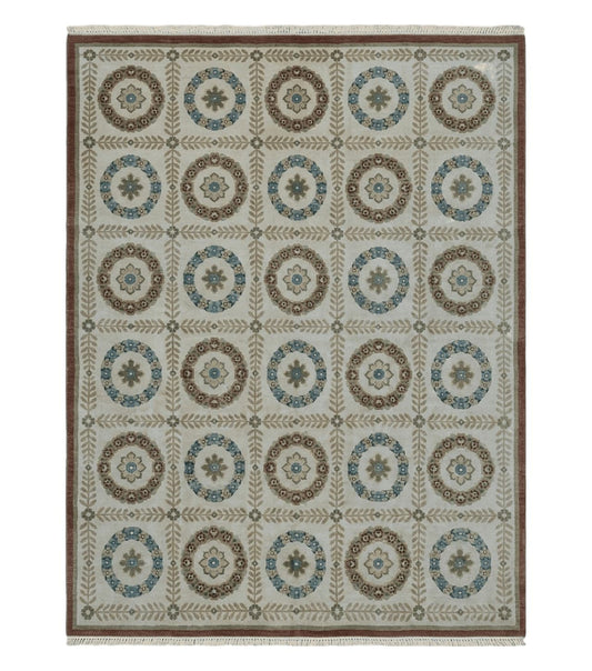 9' X 12' Modern Handmade Indo Lahore Wool Rug Art Deco Olive Ivory Nice Wow