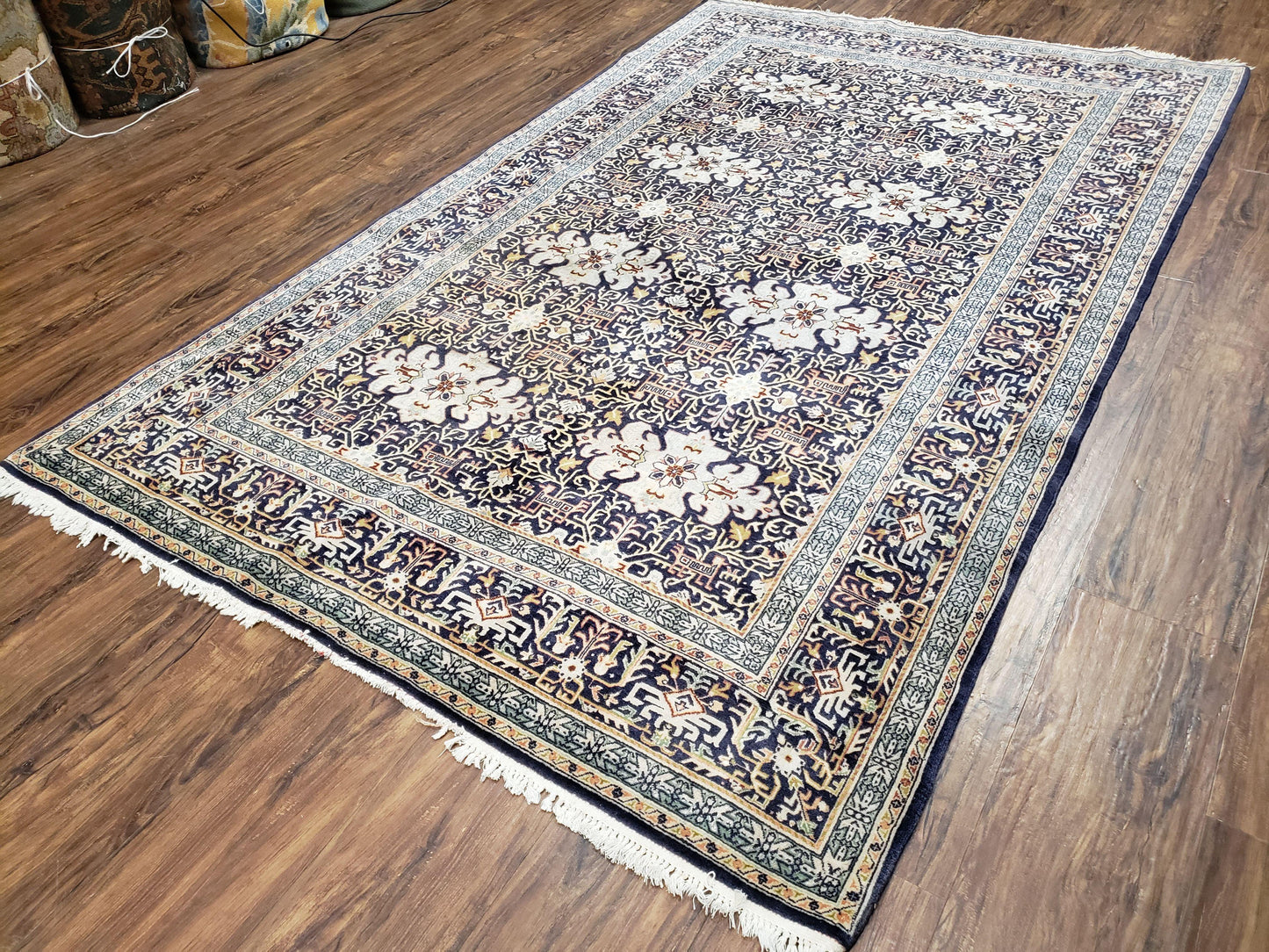 Navy Blue Persian Kashan Rug, Hand-Knotted, Wool, 4' 8" x 7' 4", Pair B