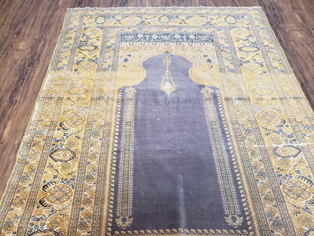 Rare Turkish Ghiordes Prayer Rug 4 x 5.8 ft, Late 19th Century Turkish Oriental Carpet, Mehrab Antique Prayer Rug, Museum Quality, Blue, Tan