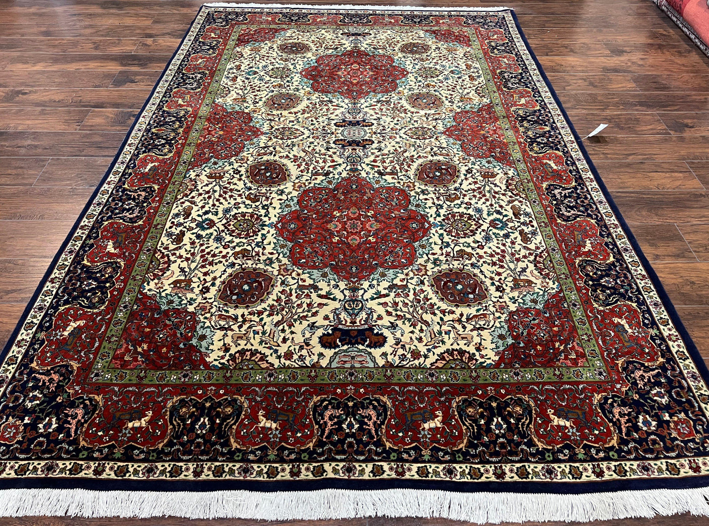 Wonderful Sino Persian Rug 6x10 with Animal Pictorial Motifs, Cream Dark Red Navy Blue, Birds Gazelles, Two Medallions, Top Quality Handmade