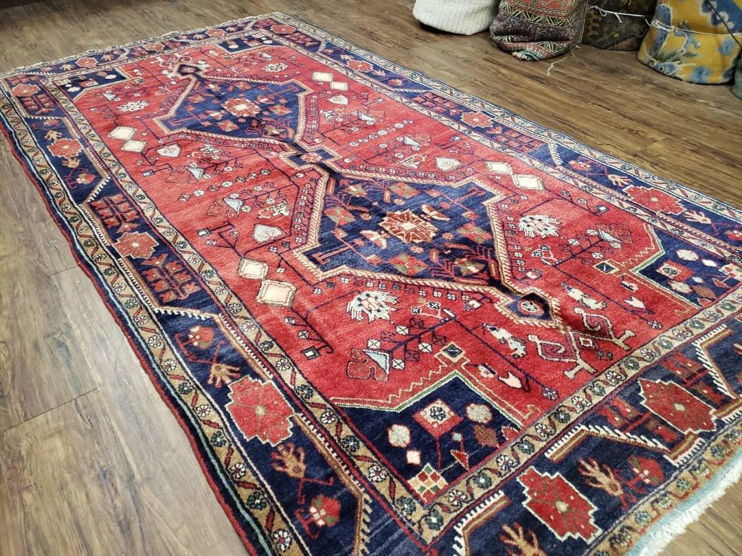 Antique Persian Zanjan Nahavand Heriz Rug, Red & Blue, Hand-Knotted, 5' x 9' 7"