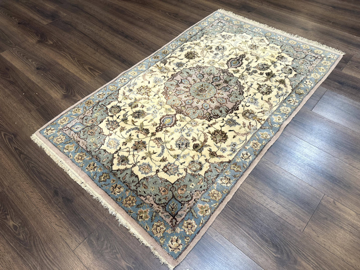 Persian Isfahan Rug 3x5, Fine 310 KPSI, Kork Wool Silk Foundation, Cream & Light Green