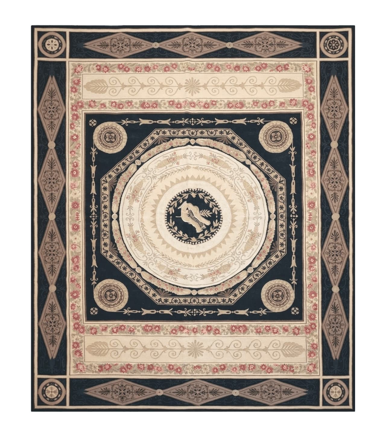 8x10 Woolen Needlepoint Rug Black European Savonnerie Carpet Circles Flat Weave Carpet Area Rug New Handmade Hand-Knotted Harp Flowers