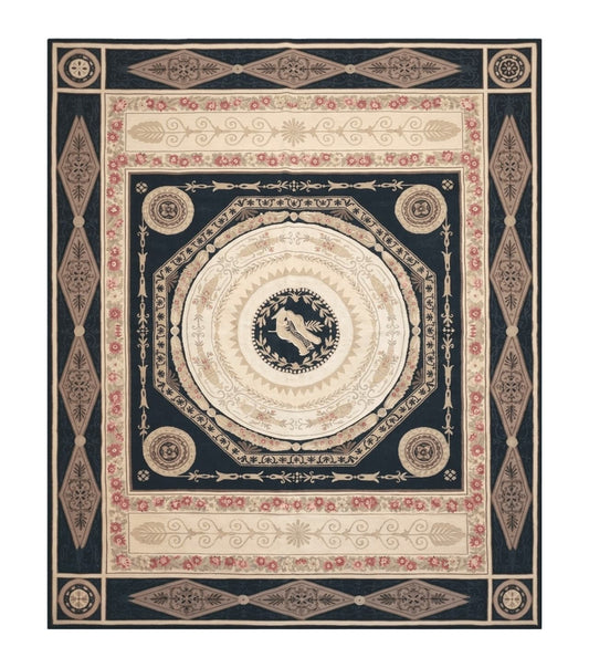 8x10 Woolen Needlepoint Rug Black European Savonnerie Carpet Circles Flat Weave Carpet Area Rug New Handmade Hand-Knotted Harp Flowers