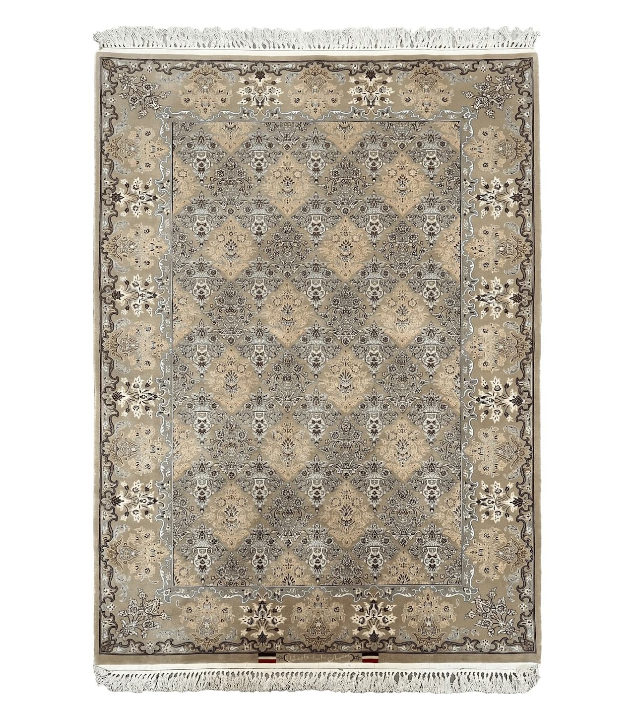 Super Fine Persian Isfahan Rug 3x5 ft, Kork Wool on Silk Foundation, Repeated Floral Motif, Taupe Tan Hand Knotted Oriental Carpet 3 x 5 ft, Signed