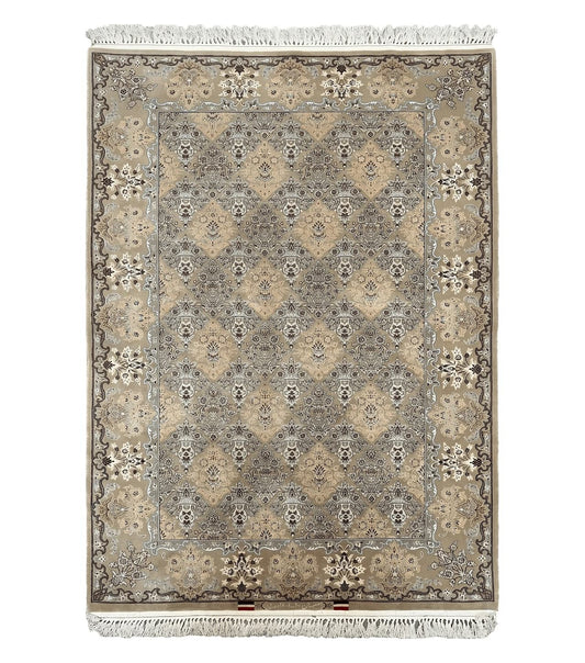 Super Fine Persian Isfahan Rug 3x5 ft, Kork Wool on Silk Foundation, Repeated Floral Motif, Taupe Tan Hand Knotted Oriental Carpet 3 x 5 ft, Signed