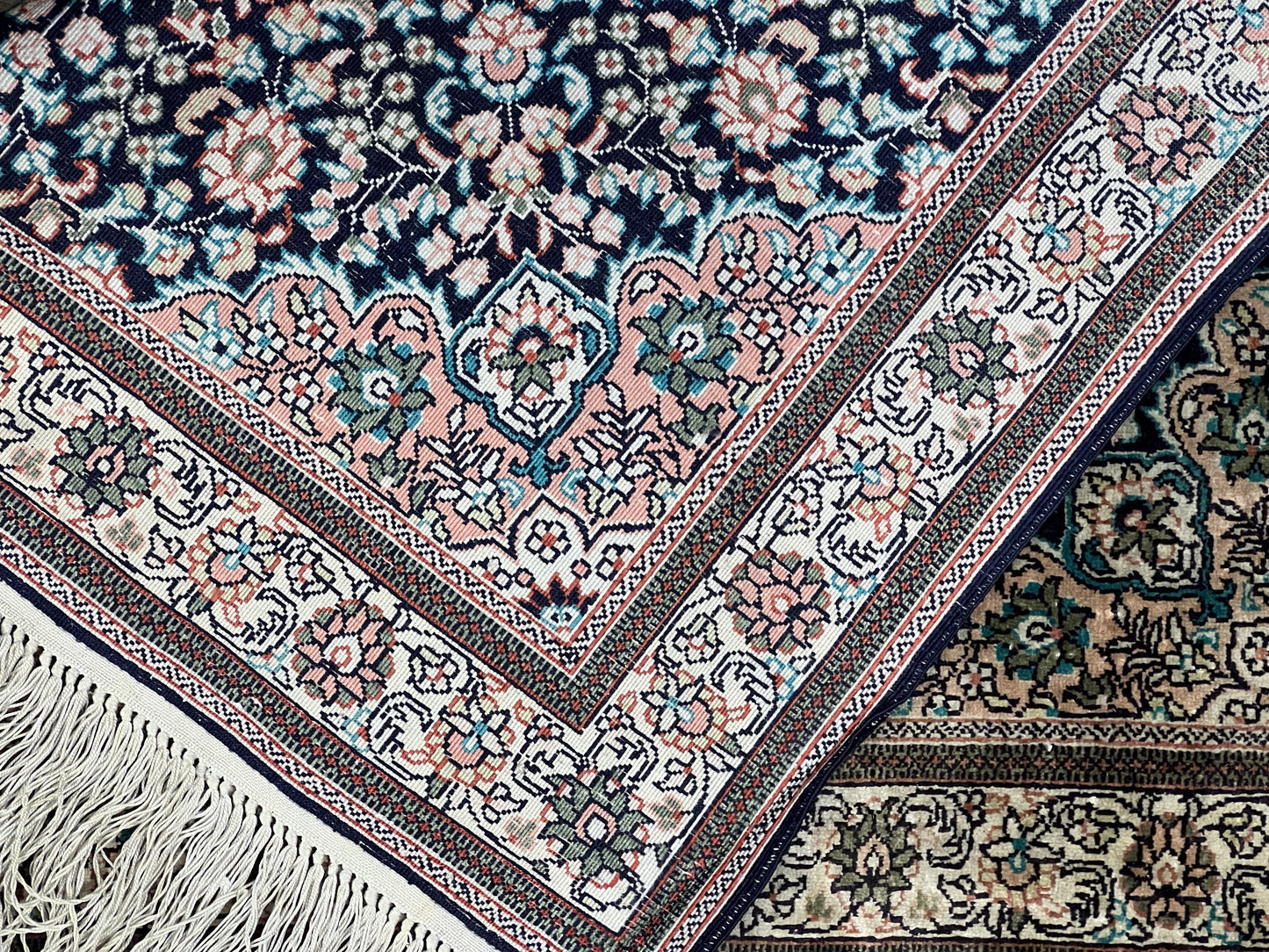 Sino Persian Silk Rug 2x2 ft, Very Fine High KPSI Small Silk Oriental Carpet, Hand-Knotted, Medallion, Vintage Silk Rug, Black Ivory/Cream
