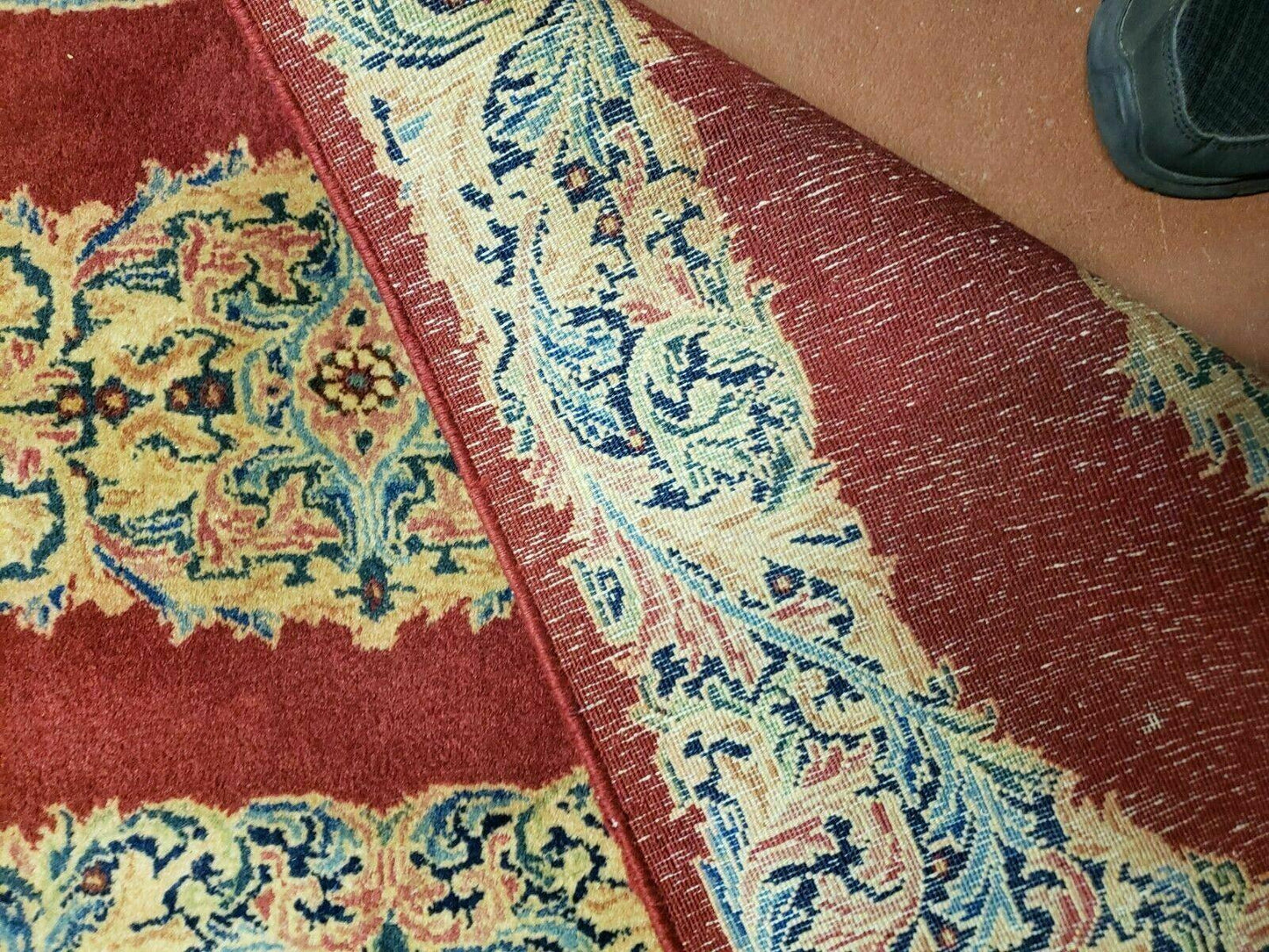 Small Persian Kirman Rug 2x4, Wool Oriental Vintage Handmade Carpet, Hand Knotted Floral Medallion, Red & Beige, Semi Open Field