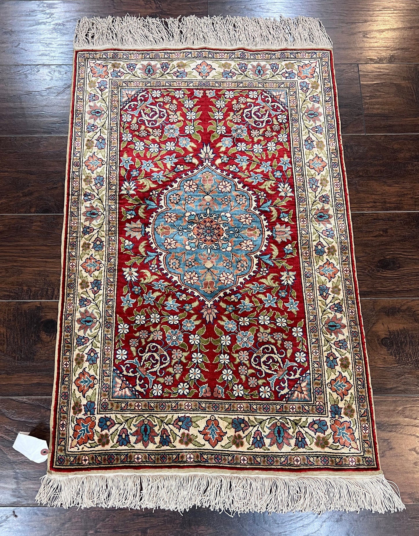 Silk Turkish Kayseri Rug 2x3, Small All Silk Turkish Carpet, Red and Light Blue, Very Fine Hand Knotted Semi Antique Vintage Handmade Rug