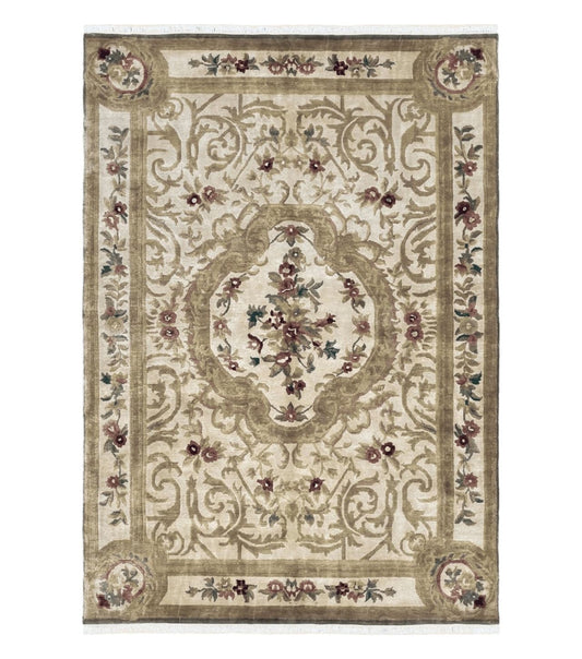 Vintage Nepali Tibetan Aubusson Rug 6x9, Wool Hand-Knotted Cream Beige Carpet, Leaves & Floral Pattern 6 x 9 Soft Area Rug Home Office Rug