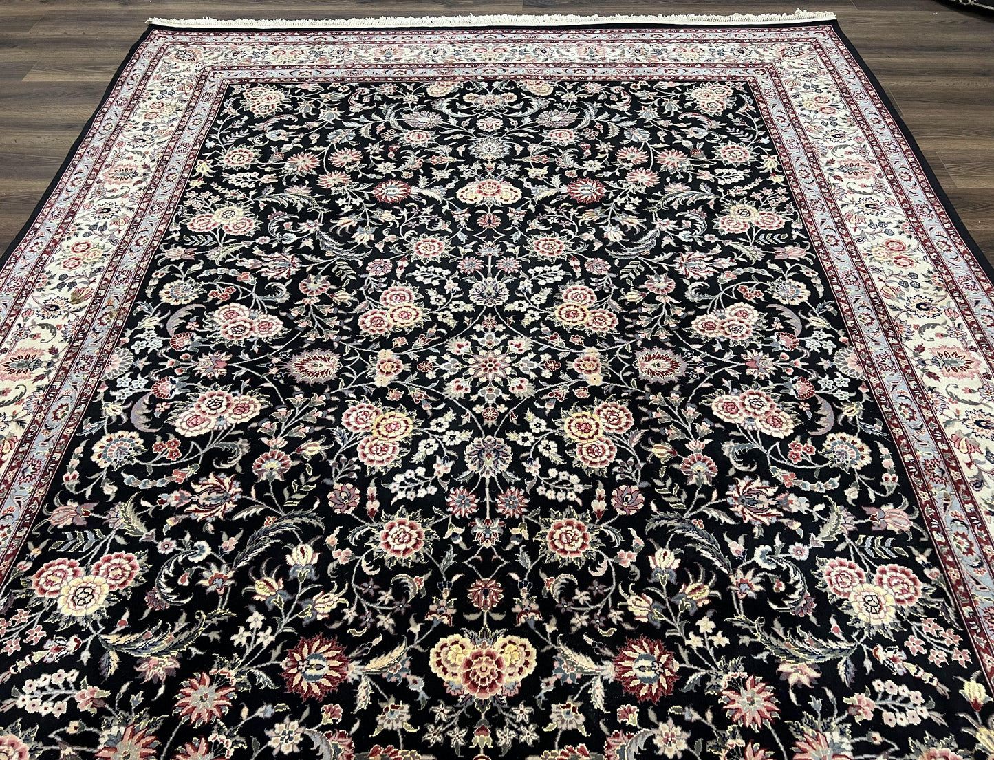 Pak Persian Rug 9x12, Floral Allover, Hand Knotted Oriental Carpet 9 x 12 ft, Black and Cream, Detailed, Wool with Silk Highlights, Vintage