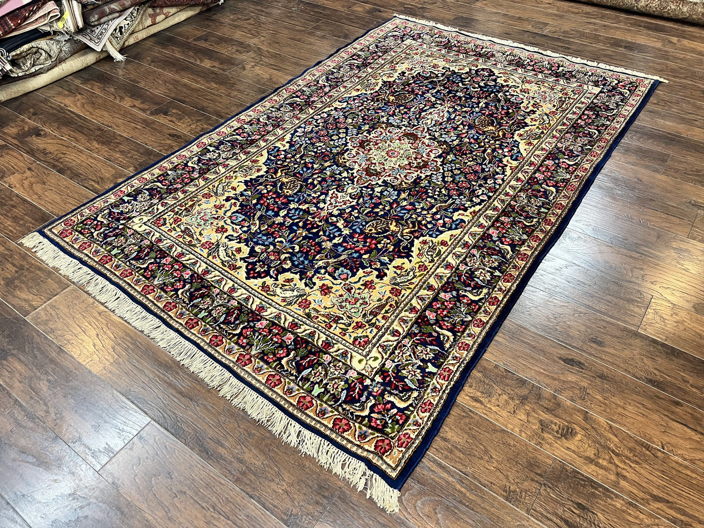 Persian Kirman Rug 6x9, Floral Medallion Vintage Wool Handmade Carpet 6 x 9, Animal Pictorials Birds, Semi Antique, Navy Blue, Millefleur