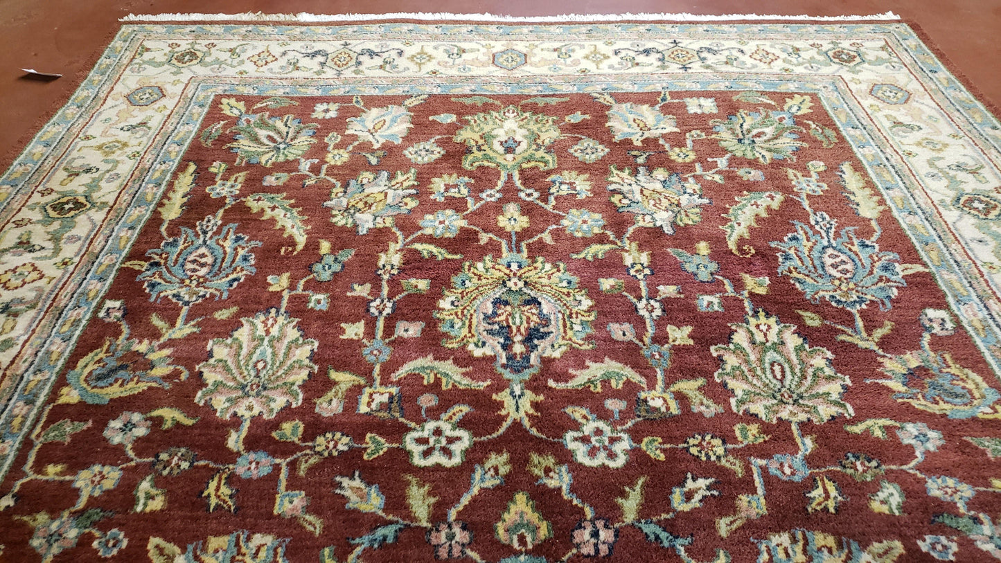 8x12 Indo-Mahal Rug, Floral Allover, Red & Beige, Wool Vintage Handmade Traditional Carpet