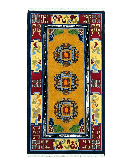 Vintage Chinese Art Deco Rug 3x6, Orange Dark Blue Maroon Chinese Peking Carpet, Asian Oriental Wool Rug, Bold Colors, Bedroom Rug, Hallway