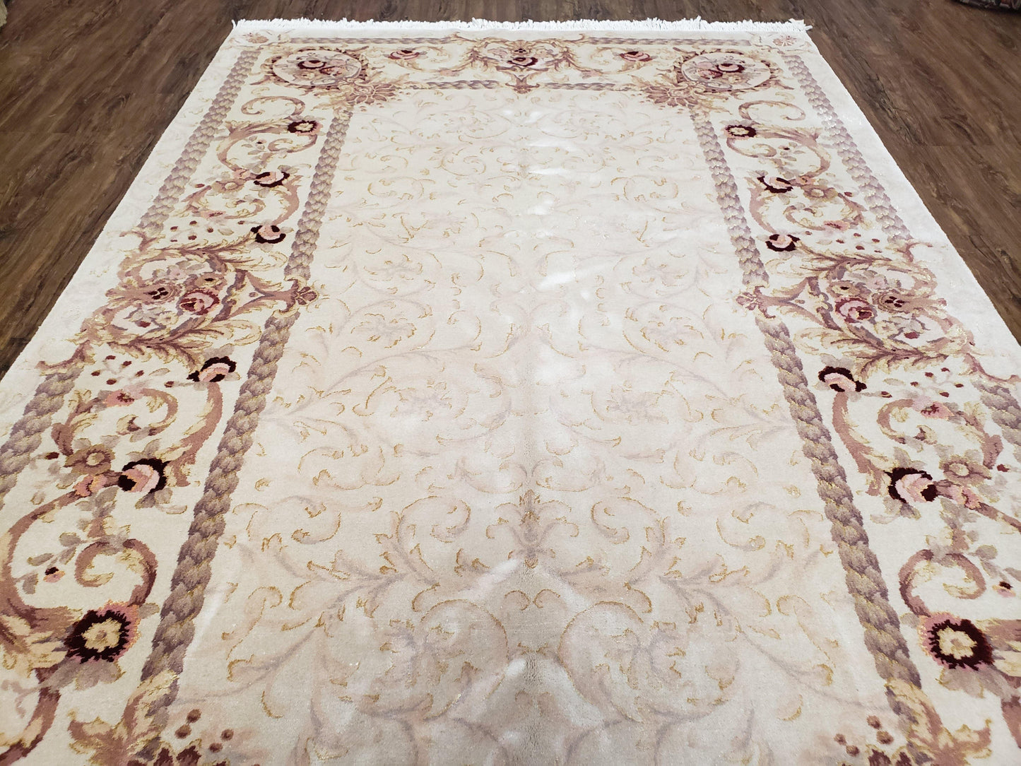 Vintage Ivory Chinese Aubusson Area Rug 6x9, Wool & Silk, Hand-Knotted 120 Line Fine Rug, European Design Carpet, 6 x 9 Master Signature Rug