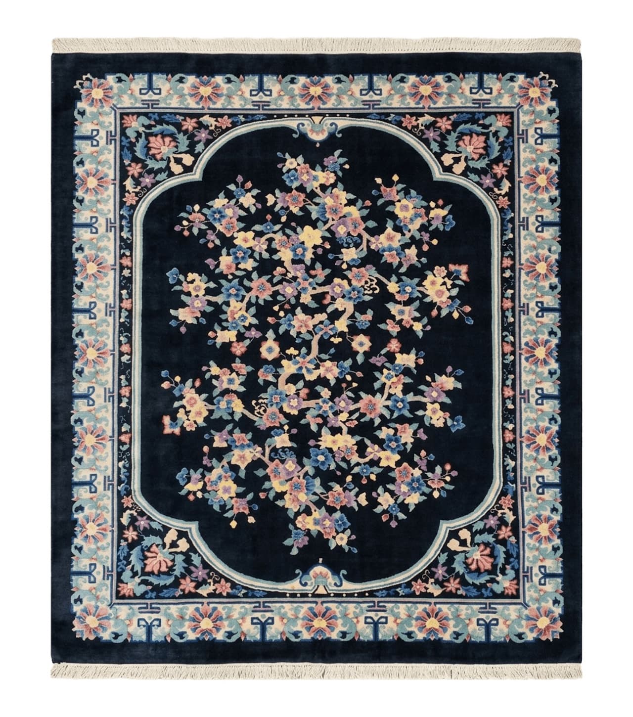 Black Chinese Wool Rug 8x10, Art Deco Floral Carpet, Soft Plush Pile