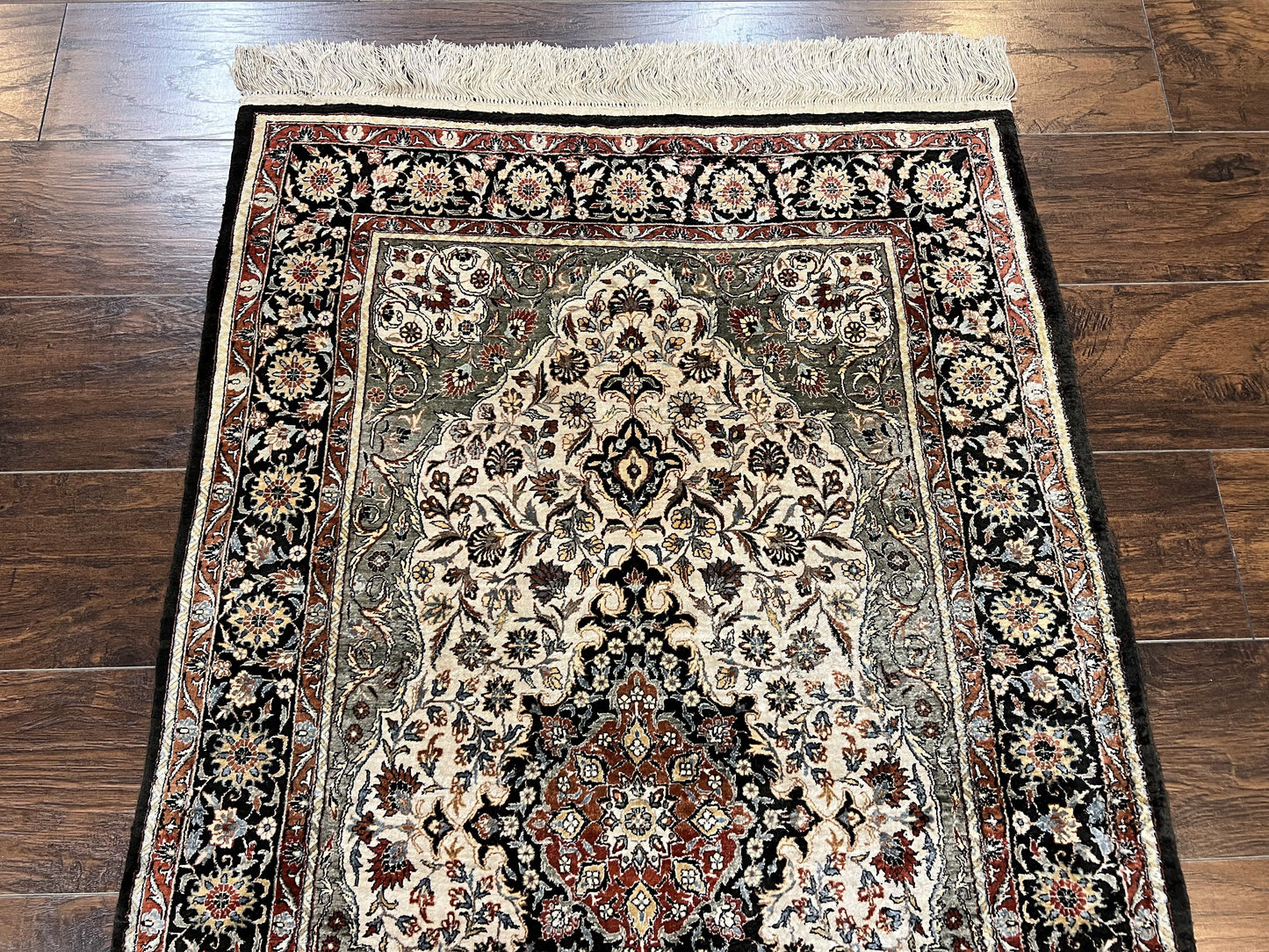 Silk Sino Persian Rug 3x5, Floral Medallion, Hand Knotted Silk Pile Silk Foundation, Traditional Silk Handmade Oriental Carpet, Cream Black