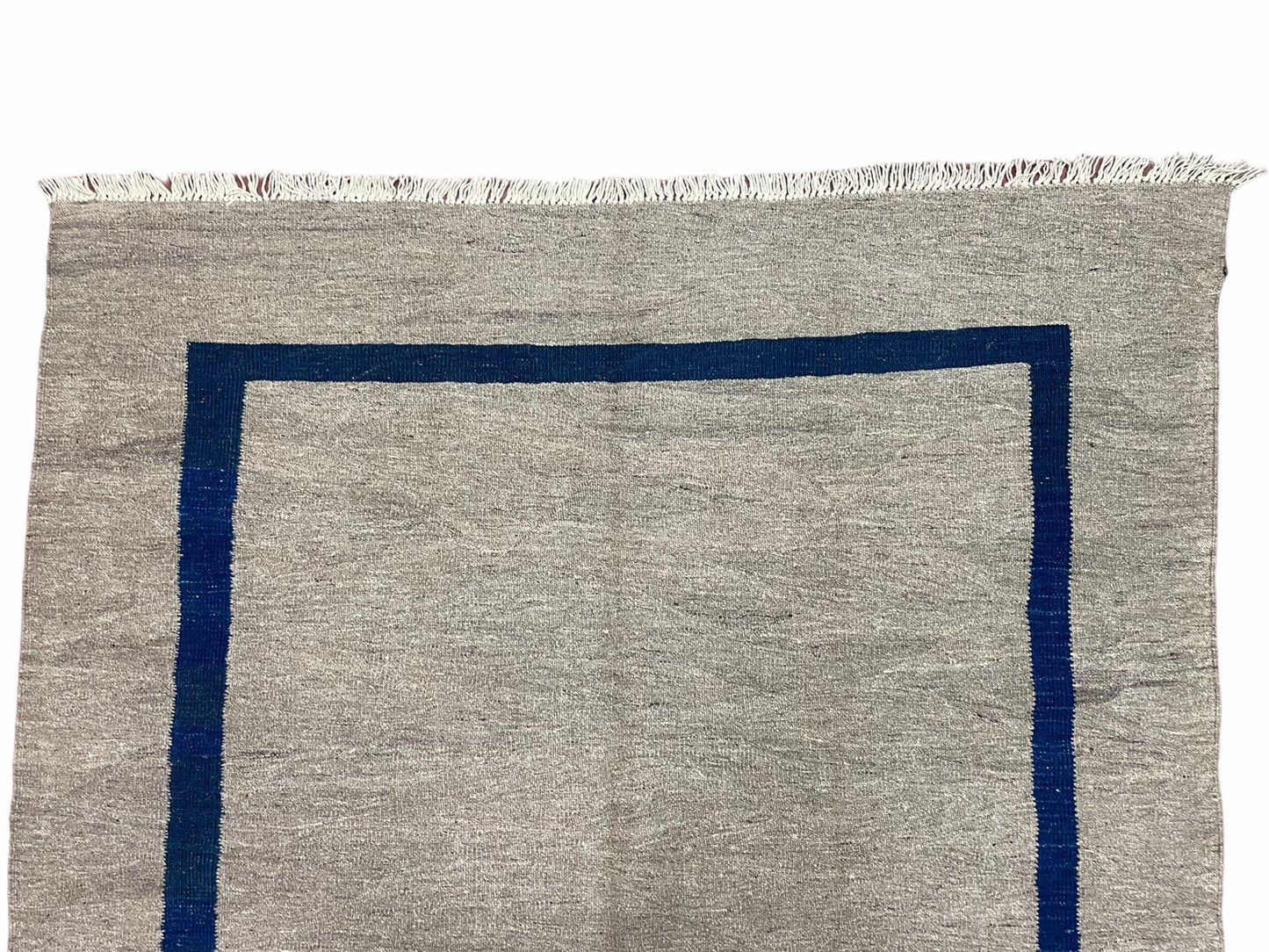 Geometric Turkish Kilim Rug 5' 7" x 7' 9", Flatweave Carpet, Minimal Design, Anatolian Carpet, Gray, Geometric, Dark Blue, Hand-Knotted, New