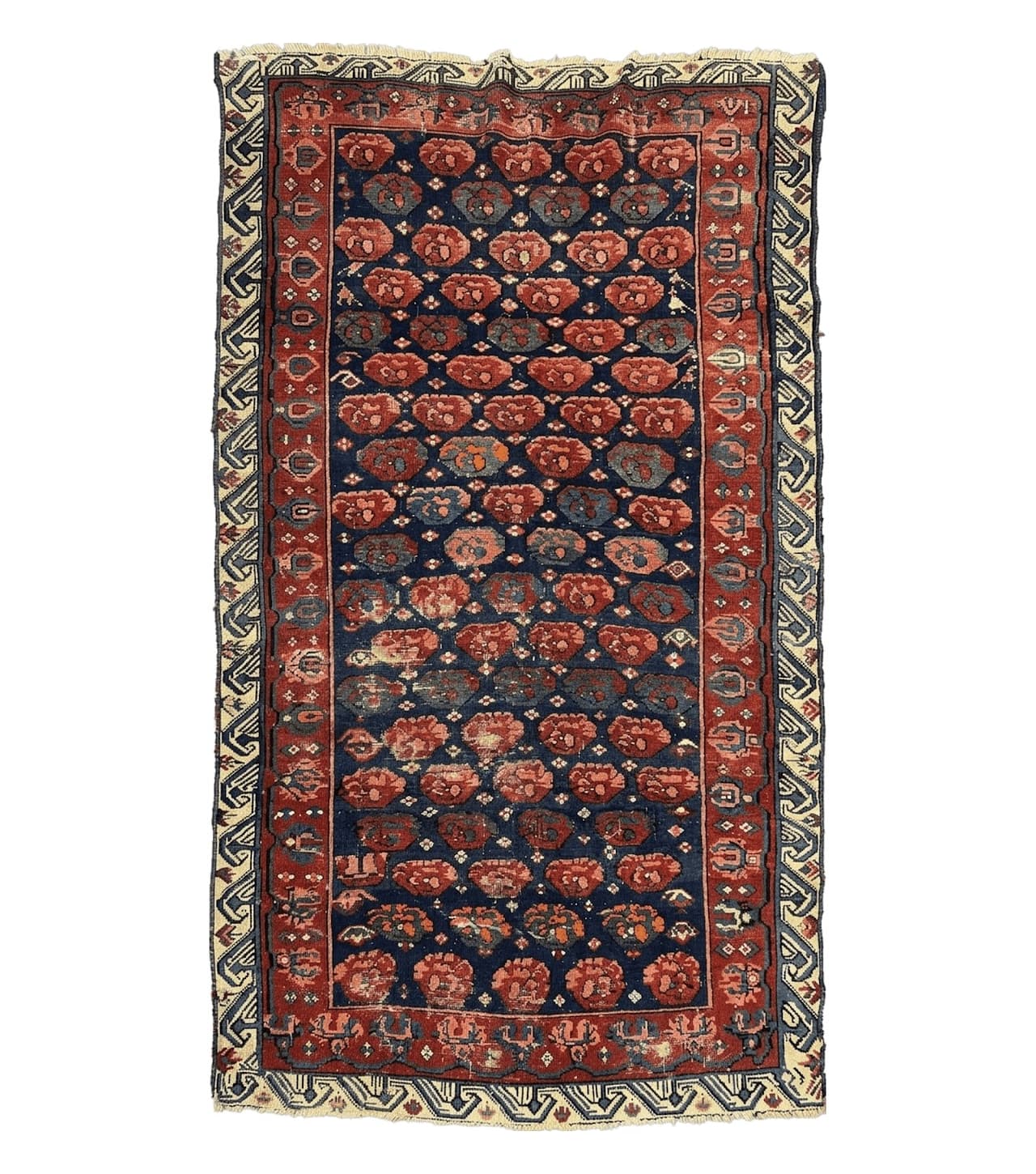Antique Seychour Rug 4x7, Collectible Kuba Caucasian Carpet, Wool Handmade, Red Navy Blue Cream, Repeated Allover Motif, Early 20th Century