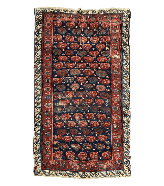 Antique Seychour Rug 4x7, Collectible Kuba Caucasian Carpet, Wool Handmade, Red Navy Blue Cream, Repeated Allover Motif, Early 20th Century