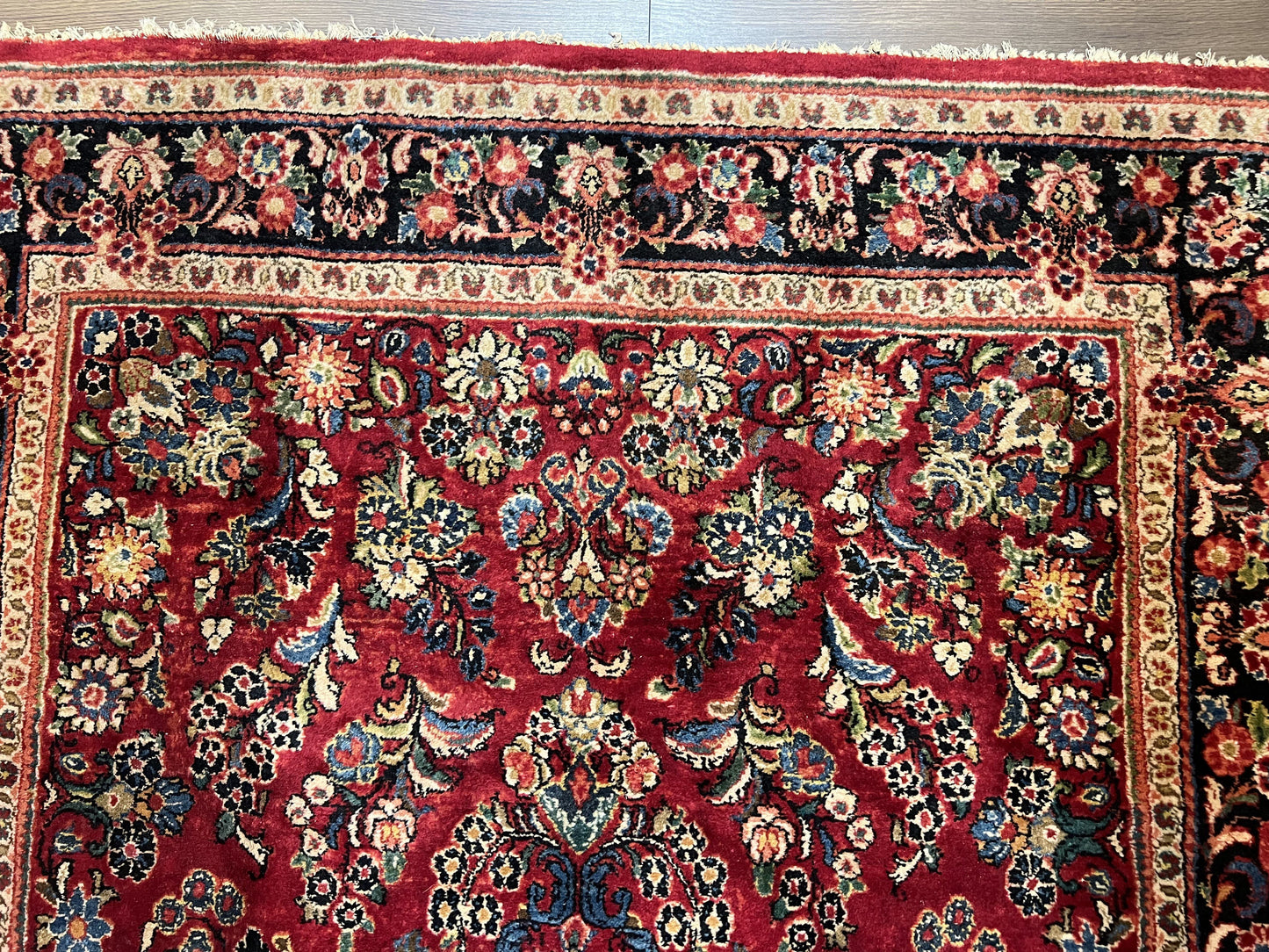 Persian Sarouk Rug 5x6, Hand Knotted Antique 1920s Sarouk, Red Navy Blue
