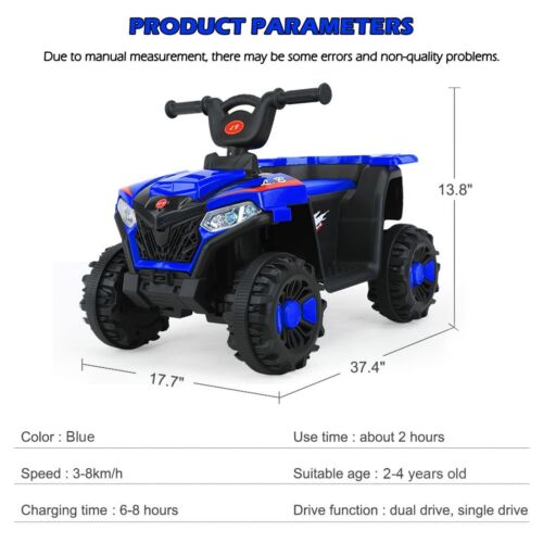 Blue 6V Kids Ride On ATV with MP3 & LED Headlight - 4-Wheeler Quad for Endless Fun!