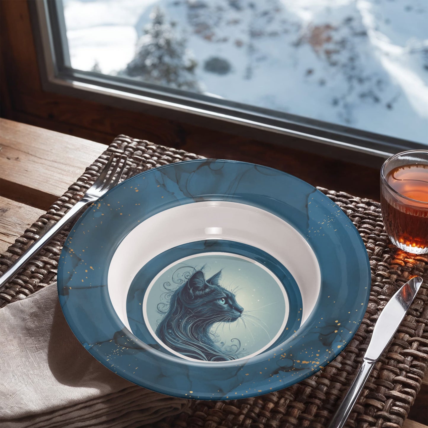 Blue Cat Collectible Bowl with Gold Accents