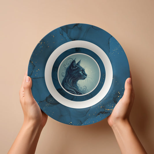 Blue Cat Collectible Bowl with Gold Accents