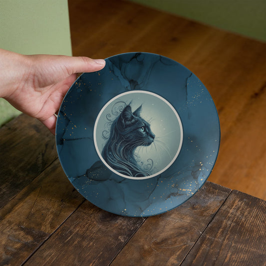 Blue Cat Collectible Plate with Gold Accents