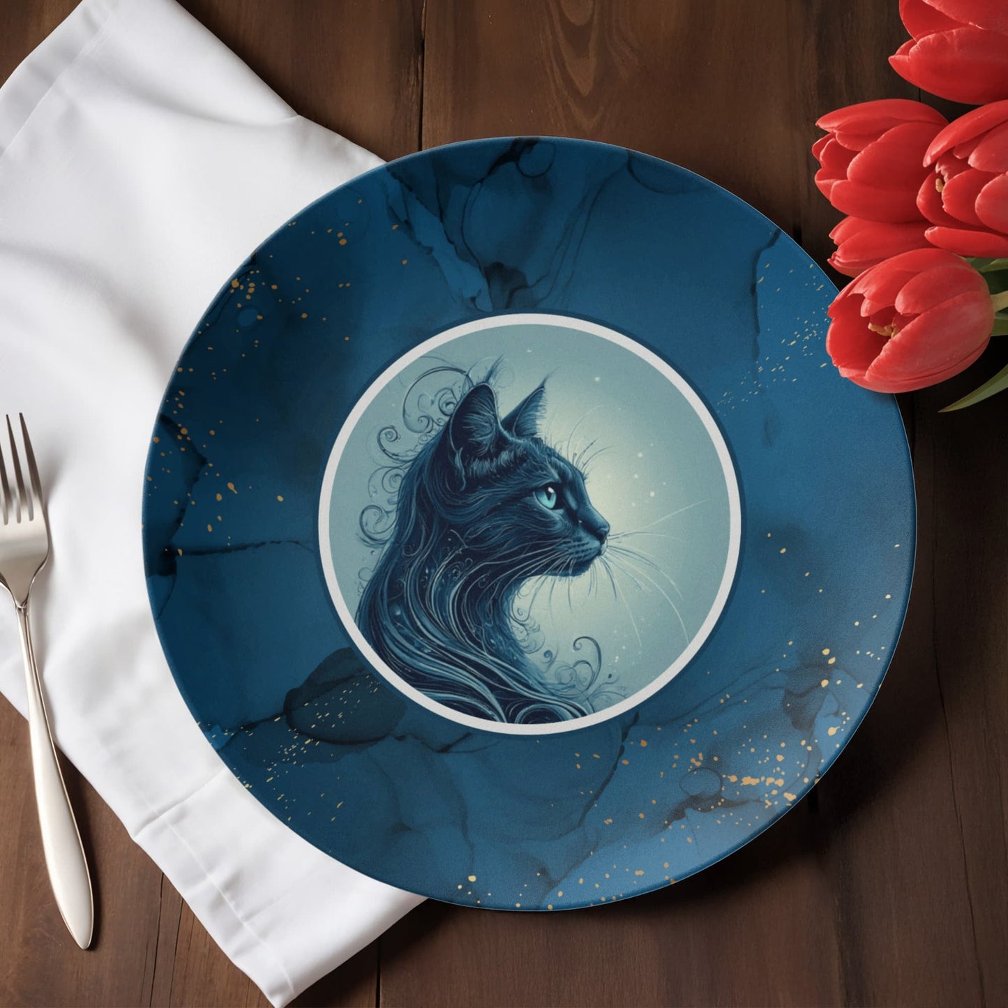 Blue Cat Collectible Plate with Gold Accents