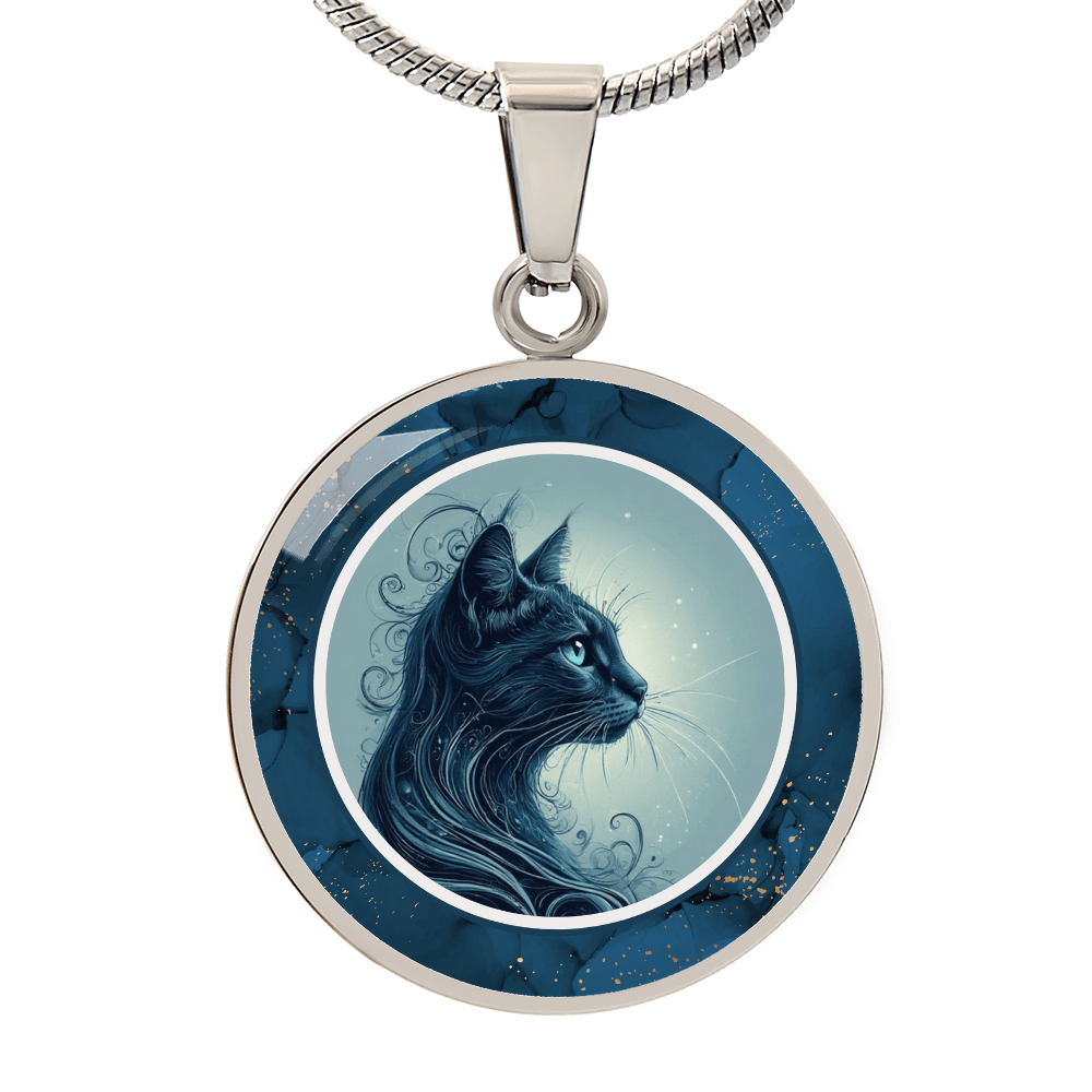 Blue Cat Pendant Necklace with Gold Accents