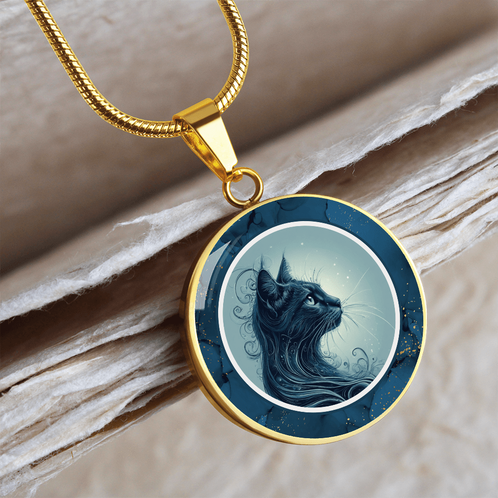 Blue Cat Pendant Necklace with Gold Accents