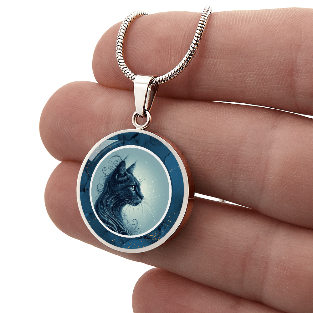 Blue Cat Pendant Necklace with Gold Accents