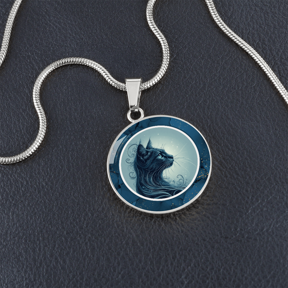 Blue Cat Pendant Necklace with Gold Accents