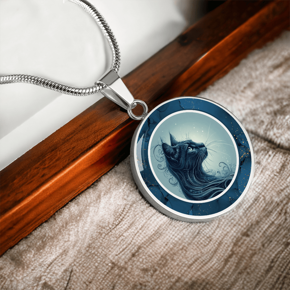 Blue Cat Pendant Necklace with Gold Accents