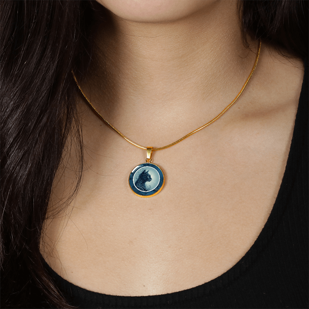 Blue Cat Pendant Necklace with Gold Accents