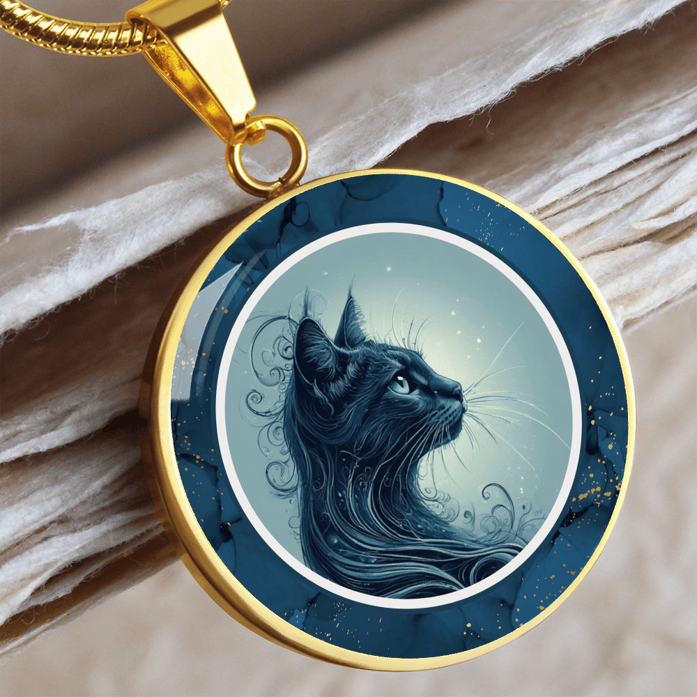 Blue Cat Pendant Necklace with Gold Accents
