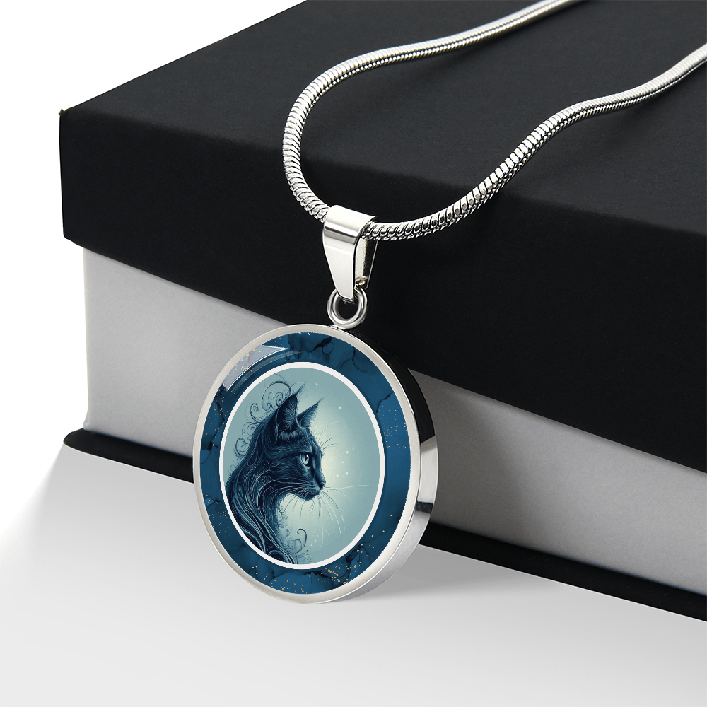 Blue Cat Pendant Necklace with Gold Accents
